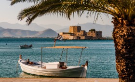 Bourtzi van Nafplio onder de palm