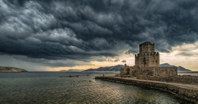 Venetian Fortress of Methoni, Peloponnese under dark thunderclouds